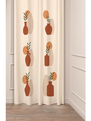 Greendecor Vazo Çiçekler Yaprak Pastel Bohem Özel Tasarım Dijital Baskılı (Tek Kanat) Bej Krem Şık Fon Perde