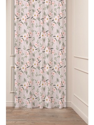 Greendecor Çiçekler Yaprak Papatya Pastel Bohem Özel Tasarım Dijital Baskılı (Tek Kanat) Bej Krem Şık Fon Perde