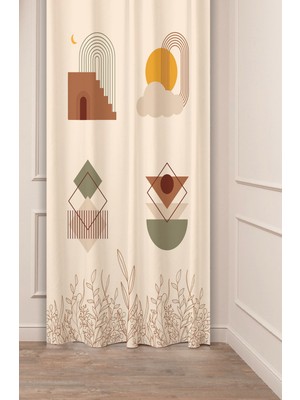 Greendecor Vazo Çiçekler Yaprak Pastel Bohem Özel Tasarım Dijital Baskılı (Tek Kanat) Bej Krem Şık Fon Perde