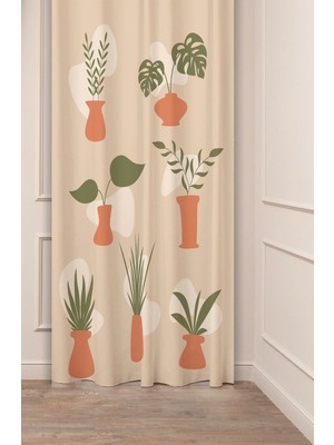 Greendecor Vazo Çiçekler Yaprak Pastel Bohem Özel Tasarım Dijital Baskılı (Tek Kanat) Bej Krem Şık Fon Perde