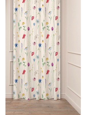 Greendecor Çiçekler Yaprak Papatya Pastel Bohem Özel Tasarım Dijital Baskılı (Tek Kanat) Bej Krem Şık Fon Perde