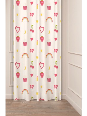 Greendecor Gökkuşağı Kiraz Pembe Çocuk Odası Pastel Bohem Özel Tasarım Dijital Baskılı (Tek Kanat) Fon Perde