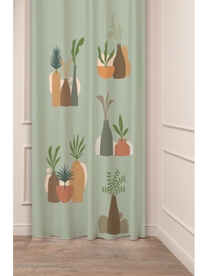 Greendecor Vazo Çiçekler Yaprak Pastel Bohem Özel Tasarım Dijital Baskılı (Tek Kanat) Bej Krem Şık Fon Perde