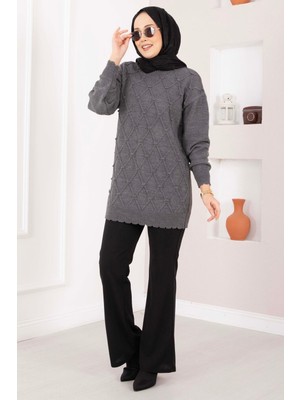 RAF Baklava Desen Ponpon Detaylı Triko Kazak Antrasit