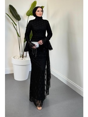 Merven Akyüz Cavina Ispanyol Kol Dantel Elbise Siyah