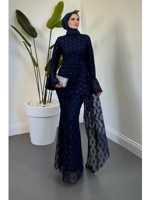 Merven Akyüz Cavina Ispanyol Kol Dantel Elbise Lacivert
