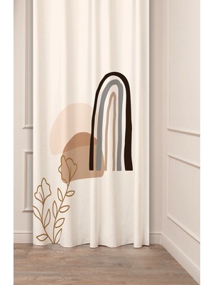 Greendecor Yaprak Vazo Bohem Minimalist Bej Krem Desenli Özel Tasarım Dijital Baskılı (Tek Kanat) Şık Fon Perde