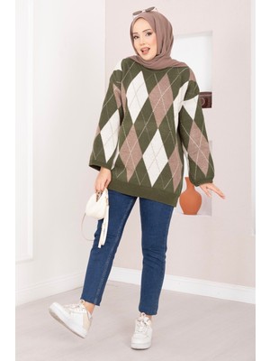 RAF Baklava Desen Oversize Triko Kazak Haki