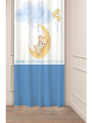 Greendecor Özel Tasarım Ayıcık Yıldız Ay Balon Desenli Dijital Baskılı (Tek Kanat) Çocuk Odası Modern Fon Perde