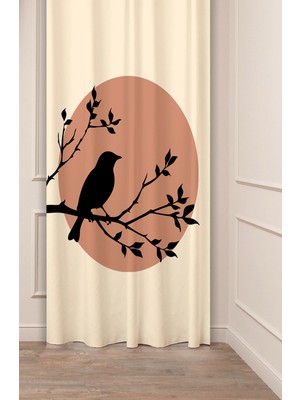 Greendecor Kuş Ağaç Yaprak Bohem Minimalist Bej Krem Desenli Özel Tasarım Dijital Baskılı (Tek Kanat) Fon Perde