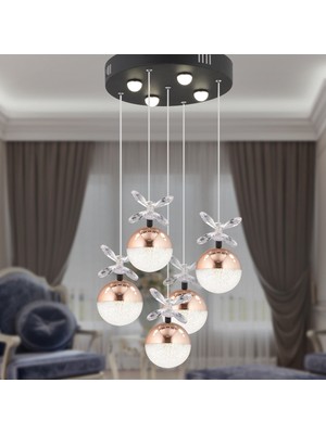 Normadia 5'li Yuvarlak Bakır Kristal LED Oturma Odası Sarkıt Avize Seti