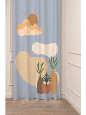 Greendecor Vazo Çiçekler Yaprak Pastel Bohem Özel Tasarım Dijital Baskılı (Tek Kanat) Bej Krem Şık Fon Perde