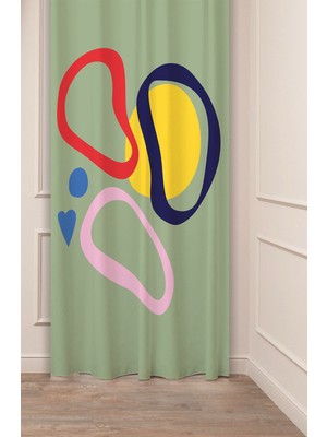 Greendecor Geometrik Şekil Kare Yeşil Bej Desenli Özel Tasarım Dijital Baskılı (Tek Kanat) Modern Şık Fon Perde