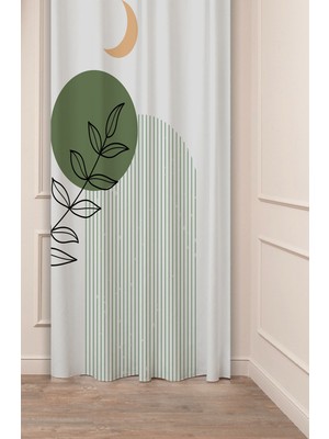 Greendecor Yaprak Grafik Bohem Minimalist Bej Krem Desenli Özel Tasarım Dijital Baskılı (Tek Kanat) Fon Perde