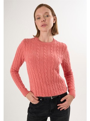 Felix Hardy Kadın V Yaka Saç Örgü Triko Kazak - Nar Çiçeği