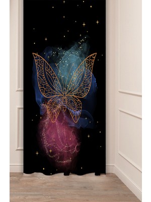 Greendecor Kelebek Uzay Yıldız Pastel Bohem Özel Tasarım Dijital Baskılı (Tek Kanat) Siyah Şık Modern Fon Perde