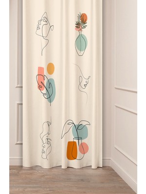 Greendecor Vazo Çiçekler Yaprak Pastel Bohem Özel Tasarım Dijital Baskılı (Tek Kanat) Bej Krem Şık Fon Perde