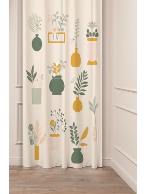 Greendecor Vazo Çiçekler Yaprak Pastel Bohem Özel Tasarım Dijital Baskılı (Tek Kanat) Bej Krem Şık Fon Perde