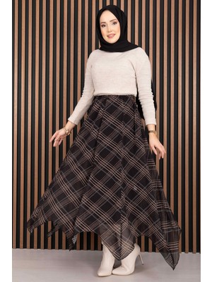 kft Asimetrik Kesim Ekose Şifon Etek  Siyah