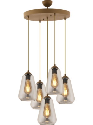 Normadia Modern Yuvarlak Eskitme Füme Camlı Salon Sarkıt Avize 5'li Set