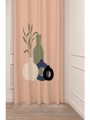 Greendecor Vazo Yaprak Bohem Minimalist Bej Krem Desenli Özel Tasarım Dijital Baskılı (Tek Kanat) Şık Fon Perde