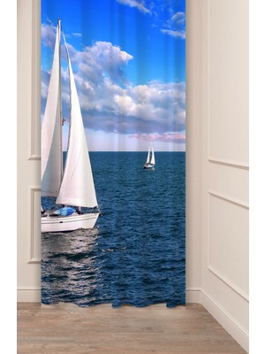 Greendecor Deniz Beyaz Gemi Mavi Bulut Su Desenli Özel Tasarım Dijital Baskılı (Tek Kanat) Modern Şık Fon Perde