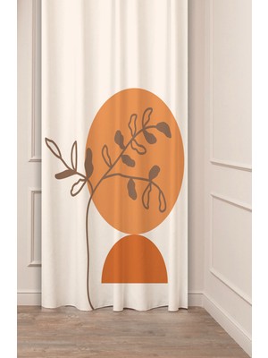 Greendecor Yaprak Vazo Bohem Minimalist Bej Krem Desenli Özel Tasarım Dijital Baskılı (Tek Kanat) Şık Fon Perde