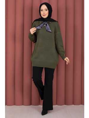 RAF Fularlı Polo Yaka Triko Kazak Haki