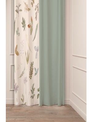 Greendecor Çiçek Yaprak Bohem Desenli Dijital Baskılı Fon Perde (Tek Kanat) Modern Tasarımlı Soft Renkli Perde
