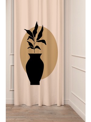 Greendecor Yaprak Vazo Bohem Minimalist Bej Krem Desenli Özel Tasarım Dijital Baskılı (Tek Kanat) Şık Fon Perde