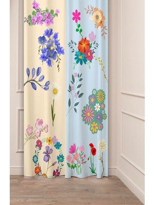 Greendecor Çiçekler Papatya Renkli Desenli Özel Tasarım Dijital Baskılı (Tek Kanat) Modern Mavi Şık Fon Perde