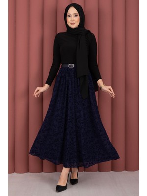 Kç Flok Desen Kemerli Tül Etek Lacivert