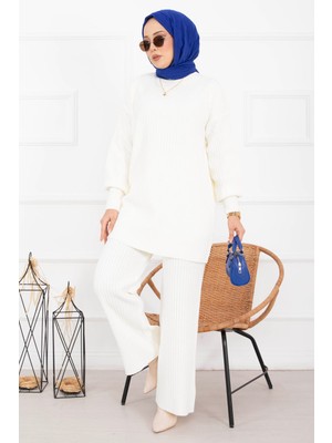 RAF Balıkçı Yaka Fitilli Triko Ikili Takım Ekru