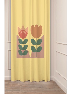 Greendecor Bohem Yaprak Vazo Geometrik Desenli Özel Tasarım Dijital Baskılı (Tek Kanat) Modern Şık Fon Perde