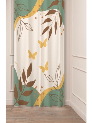 Greendecor Kelebek Çiçek Yaprak Yeşil Bohem Desenli Özel Tasarım Dijital Baskılı (Tek Kanat) Modern Fon Perde