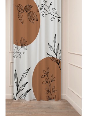 Greendecor Yaprak Grafik Bohem Minimalist Bej Krem Desenli Özel Tasarım Dijital Baskılı (Tek Kanat) Fon Perde