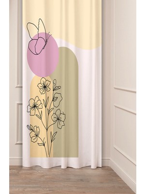 Greendecor Çiçek Kelebek Bohem Minimalist Bej Krem Desenli Özel Tasarım Dijital Baskılı (Tek Kanat) Fon Perde