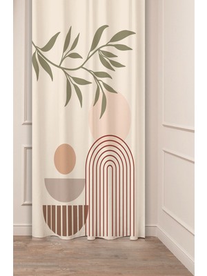Greendecor Yaprak Bohem Minimalist Pastel Bej Krem Desenli Özel Tasarım Dijital Baskılı (Tek Kanat) Fon Perde