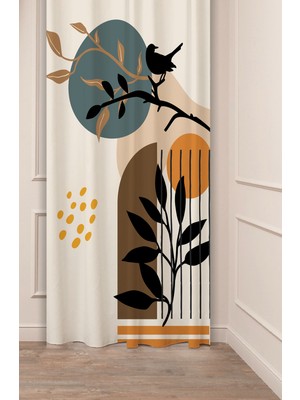 Greendecor Yaprak Bohem Kuş Soft Pastel Bej Krem Desenli Özel Tasarım Dijital Baskılı (Tek Kanat) Şık Fon Perde