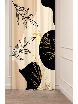 Greendecor Yaprak Grafik Bohem Minimalist Bej Krem Desenli Özel Tasarım Dijital Baskılı (Tek Kanat) Fon Perde