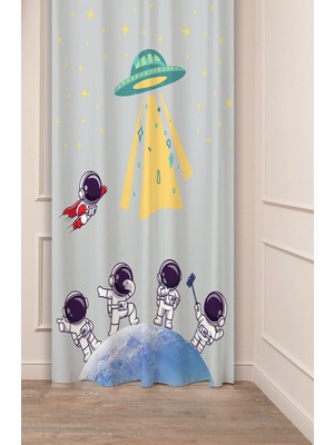 Greendecor Uzay Astronot Yıldız Gezegen Pastel Bohem Özel Tasarım Dijital Baskılı (Tek Kanat) Gri Şık Fon Perde