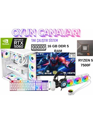 Arı Bilişim RTX5060 / 27" 180Hz Ktc Full Hd / Amd Ryzen 5 7500F / 16GB Ddr5 Ram / 512GB SSD / 360MM Beyaz Sıvı Soğutma / Everest Mouse+Klavye / Hp Gaming Kulaklık