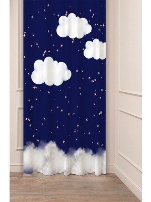 Greendecor Bulut Yıldız Gece Manzara Özel Tasarım Dijital Baskılı (Tek Kanat) Modern Şık Çocuk Odası Fon Perde