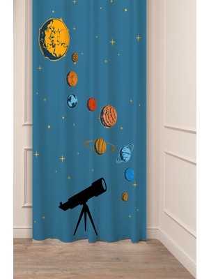 Greendecor Uzay Gezegen Astronot Yıldızlar Özel Tasarım Dijital Baskılı (Tek Kanat) Şık Modern Bohem Fon Perde