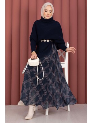 Mo Balıkçı Yaka Asimetrik Triko Kazak Lacivert