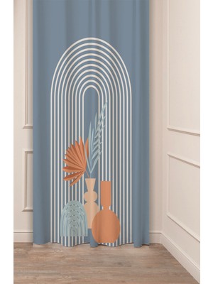 Greendecor Vazo Çiçekler Yaprak Pastel Bohem Özel Tasarım Dijital Baskılı (Tek Kanat) Bej Krem Şık Fon Perde