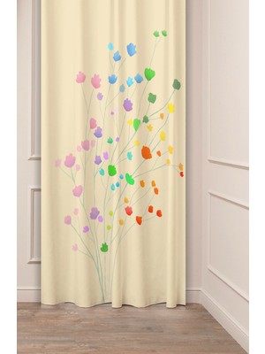 Greendecor Bohem Çiçekler Soft Krem Bej Desenli Özel Tasarım Dijital Baskılı (Tek Kanat) Modern Şık Fon Perd