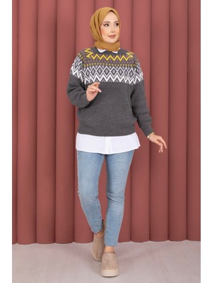 RAF Etnik Motifli Salaş Triko Kazak Gri