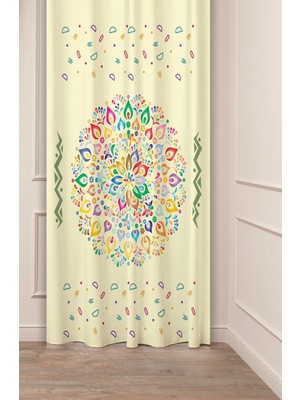 Greendecor Yaprak Mandala Çiçek Bohem Desenli Özel Tasarım Dijital Baskılı (Tek Kanat) Modern Şık Fon Perde