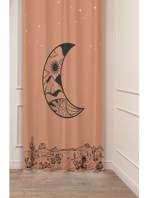 Greendecor Ay Doğa Uzay Yıldız Pastel Bohem Özel Tasarım Dijital Baskılı (Tek Kanat) Krem Şık Modern Fon Perde